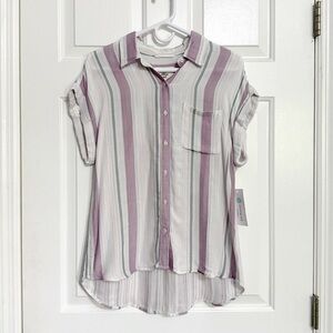 Cosmic Blue Love Ava Striped Short Sleeve Button Down Blouse Size S 90s Coastal